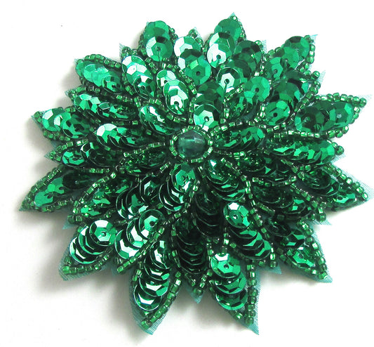 Flower with Green Sequins and Green Beads 3"