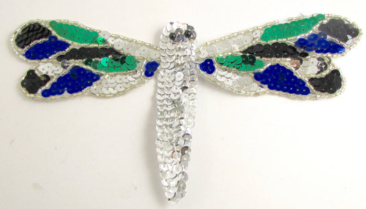 Dragonfly with Blue, Green and Black Sequins with Silver and Black Beads 4" x 7"