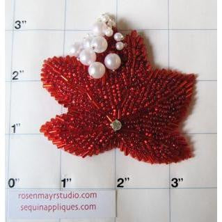 Red beaded leaf with pearls and rhinestone 3" x 3"