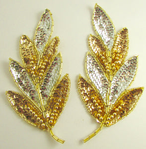 Leaf Pair with Silver and Gold Sequins and Beads 7" x 3"