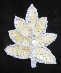 Leaf with Beige Sequins and White Beads 2.5" x 2"