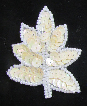 Leaf with Beige Sequins and White Beads 2.5