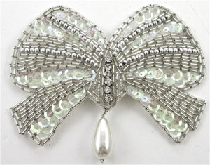 Bow Rhinestones Silver Beads Iridescent Sequins and Pearls 3.5" x 4.5"