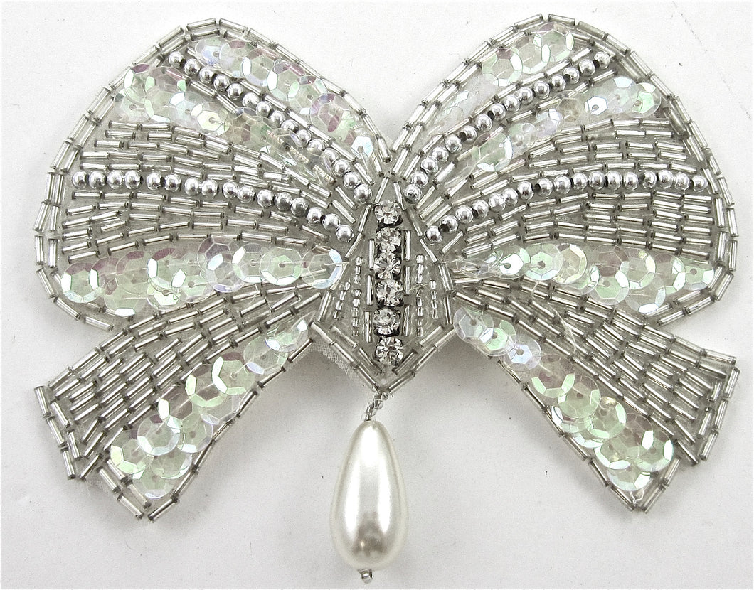 Bow Rhinestones Silver Beads Iridescent Sequins and Pearls 3.5