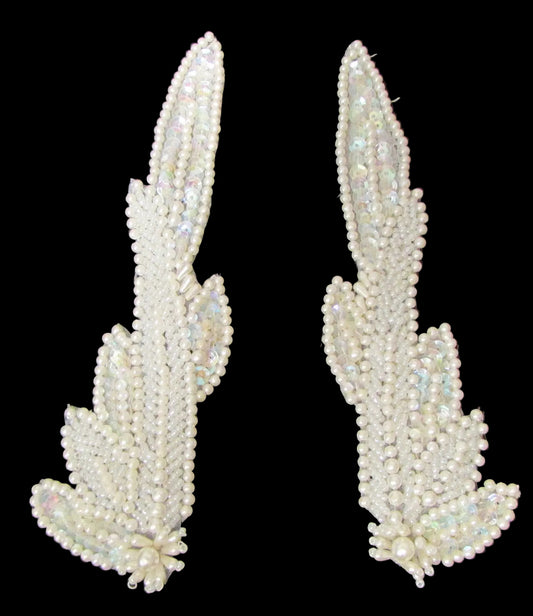 Leaf with White Beads, Iridescent Sequins and Pearls 6.5" x 2" Each - Choice of Pair or Single