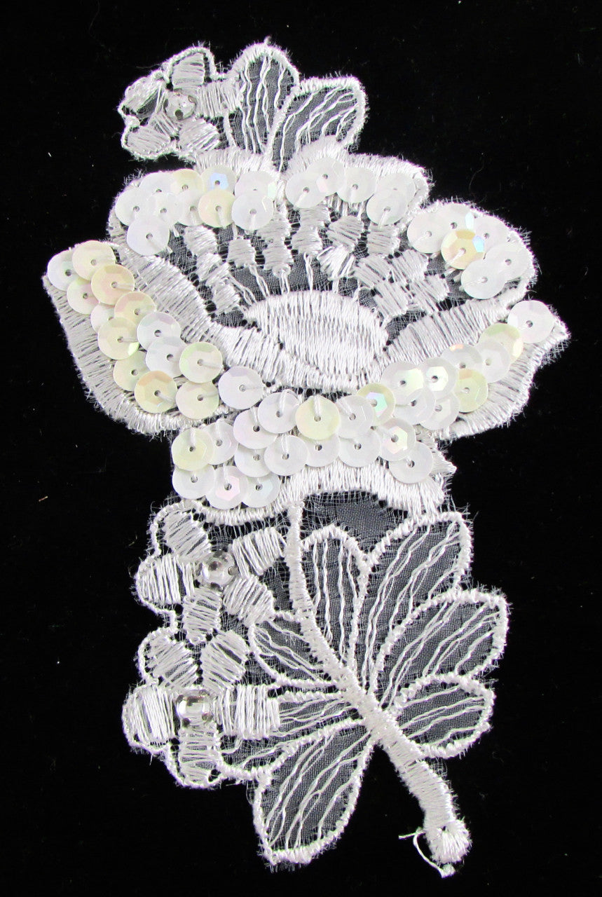 Lace Flower with rhinestones and white iridescent sequins 5 1/4