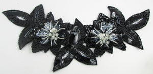 Flower Neckline with Two Flowers Black and Silver Sequins and Beads 5" x 10.5"