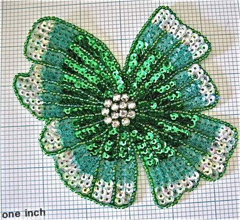 Flower Appliqué with Green Sequins and Silver Beads and Rhinestones 5" x 6"