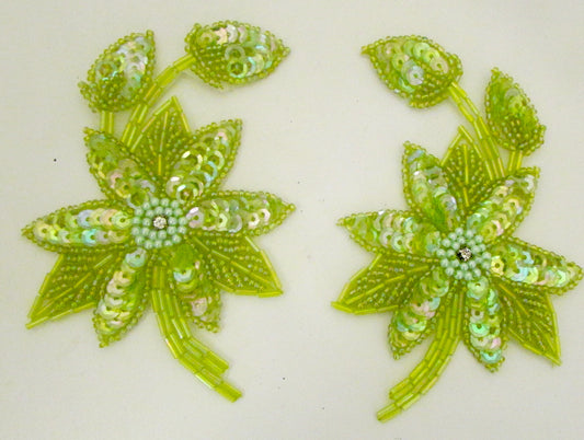 Flower Pair with Lite Lime Green Iridescent Sequins and Beads and Rhinestone 5" x 3"