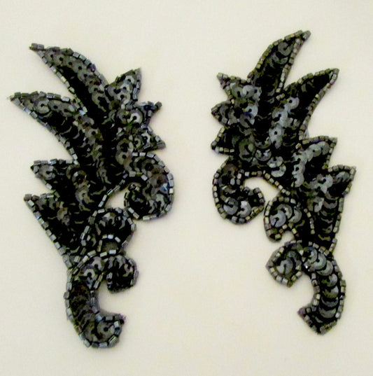 Leaf Pair Gunmetal Sequins and Beads 4" x 1.5"