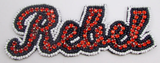 “Rebel” Word with Red Rhinestones, Black and White Beads on Felt Backing 2" x 5.5"