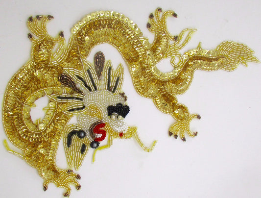 Large Dragon Appliqué with Gold Sequins and Gold, Red, Black and Silver Beads 7.5" x 12"