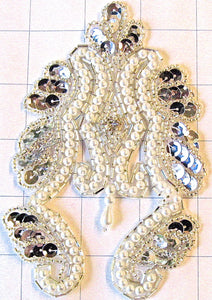 Designer Motif with Pearls Rhinestones and Silver Sequins and Beads 5.5" x 4"