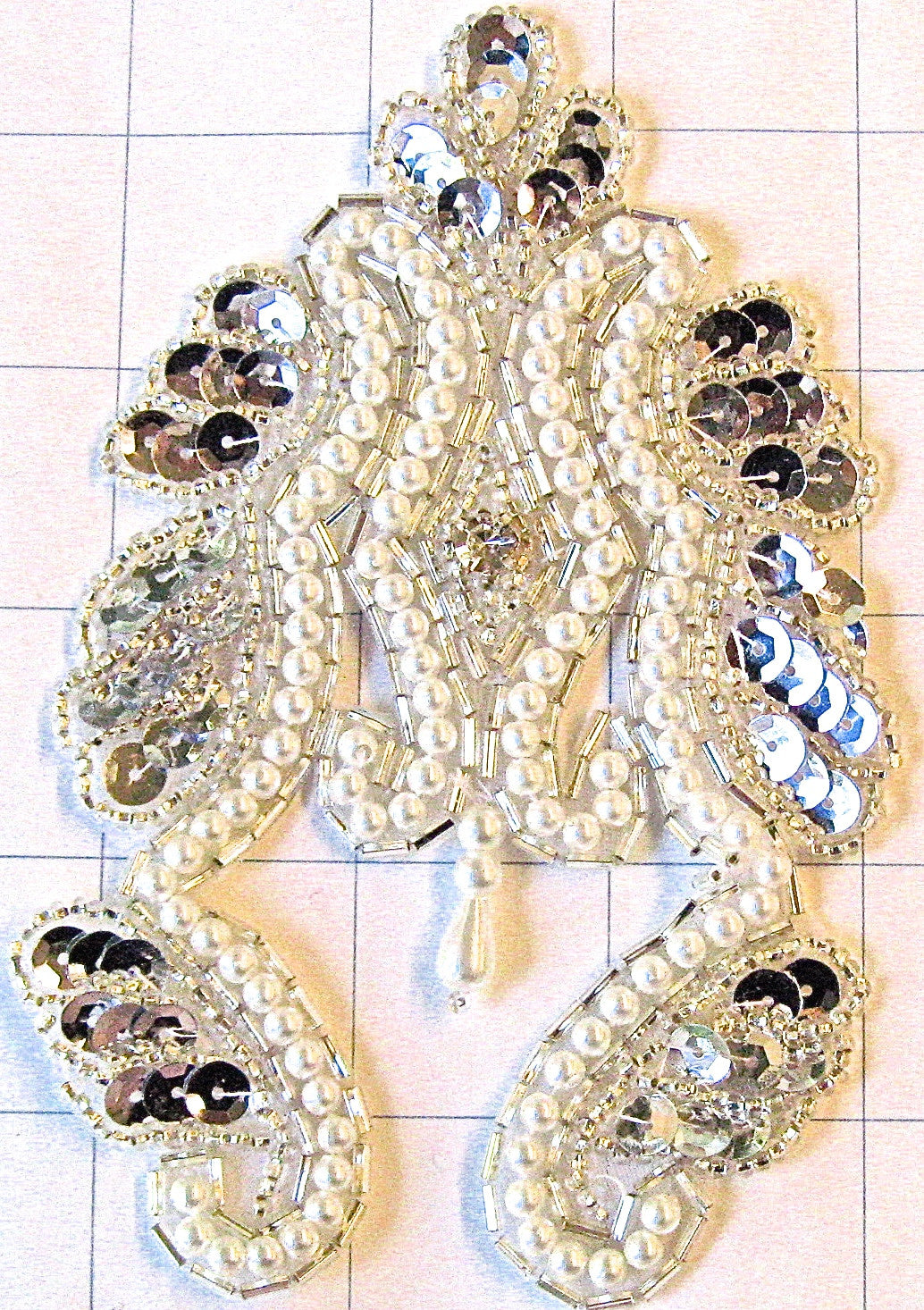 Designer Motif with Pearls Rhinestones and Silver Sequins and Beads 5.5