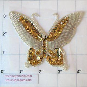 Butterfly With Gold Sequins and Silver Beads 4" x 3"