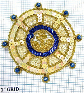 Ship Wheel with Red Cream Gold Sequins and Beads 3.5"