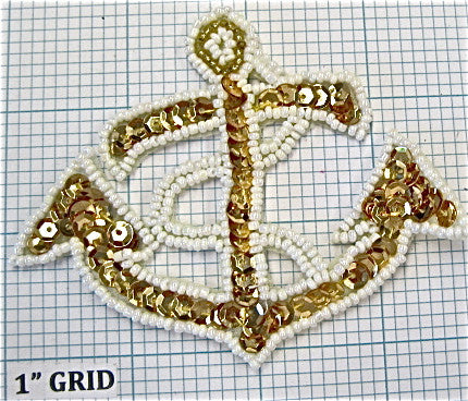 Anchor Blue Sequins White Beads 3" x 3.75" - Sequinappliques.com