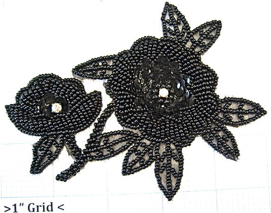 Flower with Black Beads and Rhinestones 4.75" x 3.5"