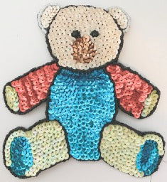 Choice of Color Teddy Bear Appliqué -  Tan, Pink, Bronze and Turquoise Sequins with Black and White Beads or Tan, White, Black, Red, Bronze and Turquoise Sequins with Black and White Beads 6" x 5.5"