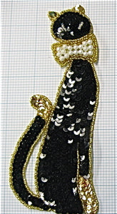 Cat with Black and Gold Sequins and Pearl Collar 7.5" x 3"