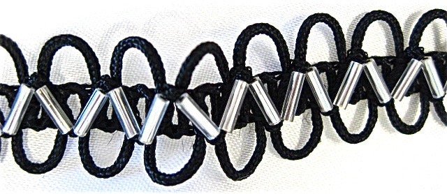 Trim with Silver Beads and Black Rope Loops 1/2" Wide, Sold by the Yard