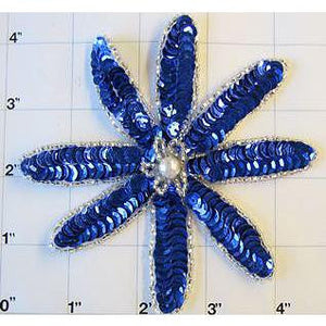 Flower Royal Blue Sequins with Silver Beads 4" x 4"