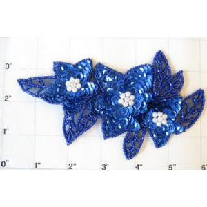Flower Triple Spray with Royal BlueSequins and Beads with Pearl 6"x 3.5"