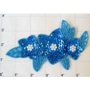 Flower Triple Spray with Turquoise Sequins and Beads with Pearls 6" x 3.5"