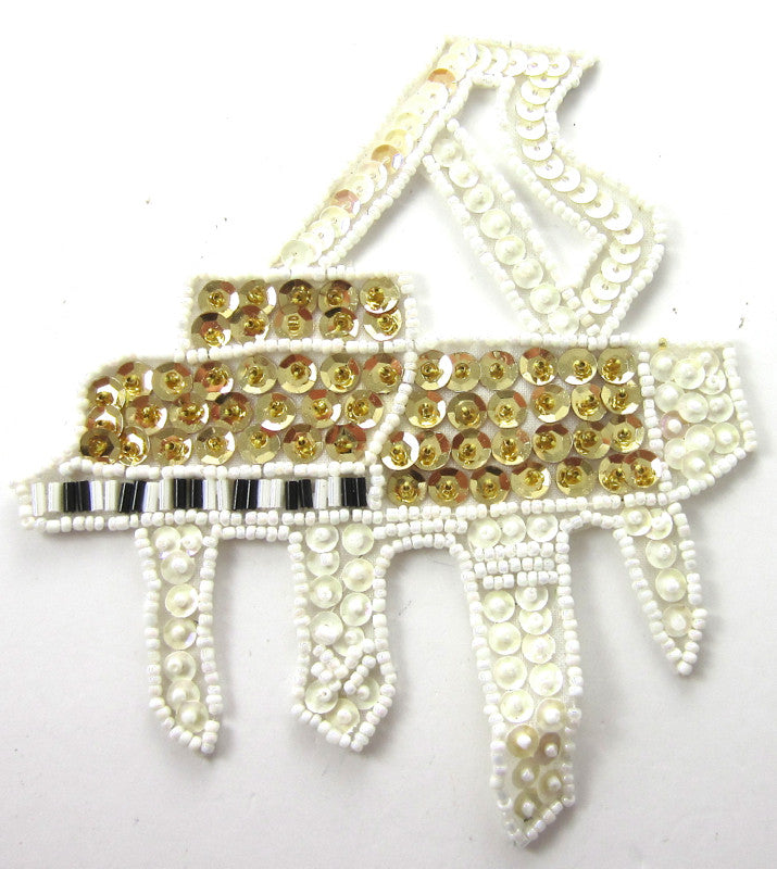 Piano with White and Gold Raised Sequins and beads 5.25