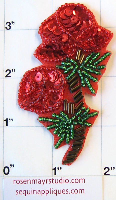 Flower Double Rose with Red Sequins and Green, Red and Bronze Beads 3" x 2"