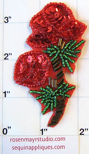 Flower Double Rose Red Green Bronze Sequins and Beads 3" x 2"
