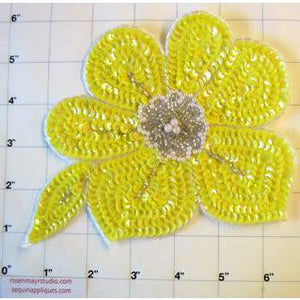 Flower with Yellow Sequins White Pearls Silver Beads 6" x 7"