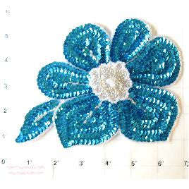 Flower with Turquoise Sequins and Silver and white pearl Beads 7.5" x 5"