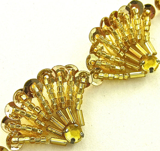 Designer Motif Gold Fan Shape with Gold Rhinestone 1"