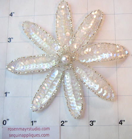 Flower with Iridescent Sequins and Silver Beads with Center Pearl 4" x 4"