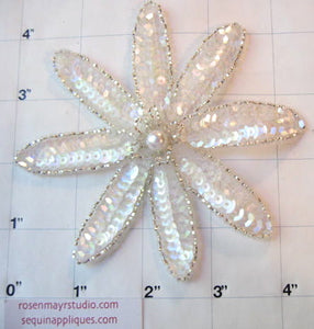 Flower with Iridescent Sequins and Silver Beads with Center Pearl 4" x 4"