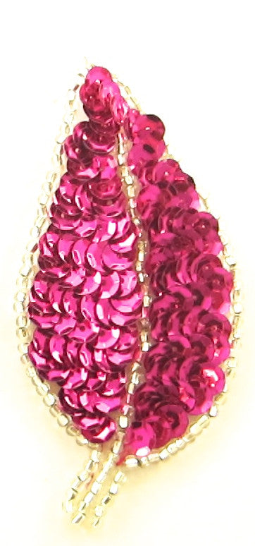 Leaf Pair with Fuchsia Sequins Silver Beads 3.5" x 2"