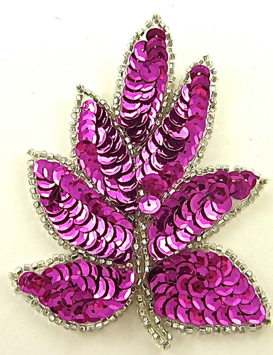 Leaf with Fuchsia Sequins Silver Beads 4" x 3"