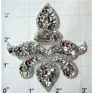 Fleur De Lis with Silver Sequins and Beads and Rhinestones 3.5