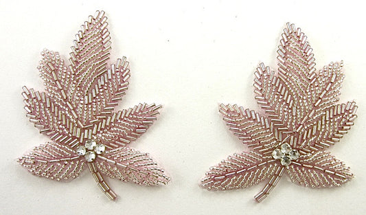 Leaf Pair with Pink Beads and Rhinestones 3.5" x 3.5"