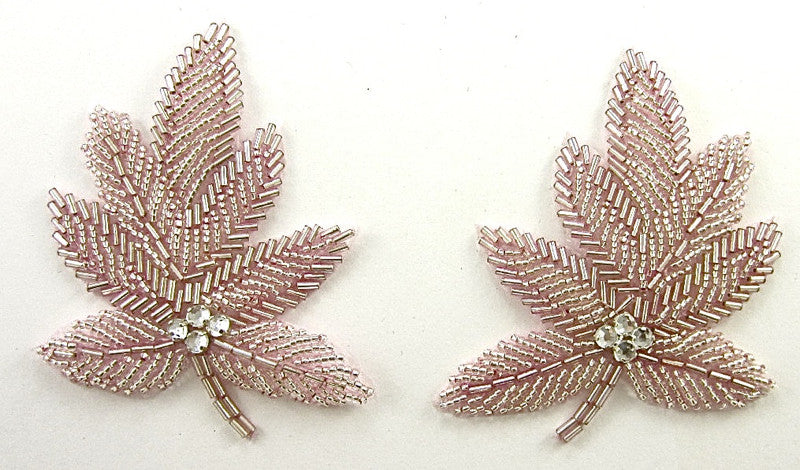 Leaf Pair with Pink Beads and Rhinestones 3.5