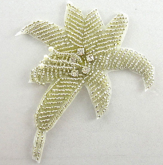 Flower Epaulet VINTAGE with silver Beads and 5 Clear Rhinestones VINTAGE 3.5