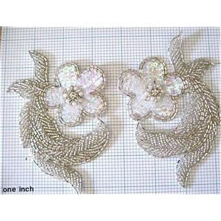 Flower Pair with Iridescent Sequins Silver Beads and Rhinestones 5.25" x 3.5"