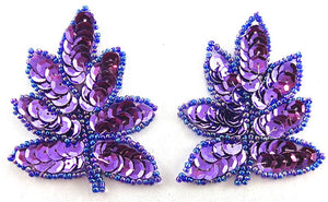 Leaf Pair with Purple Sequins and Moonlight Beads 2.5" x 2"