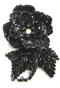 Flower Triple Layered with Black Sequins and Beads AB Rhinestones 3" x 2.5"