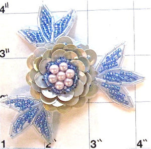 Flower Grey Lite Blue with Pearls 3"
