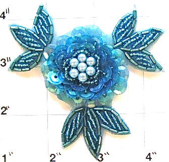 Flower Appliqué with Turquoise Sequins and Beads 3"