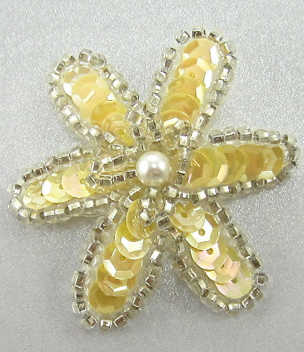 Flower with Creamy Yellow Sequins Silver Beads and Pearl 1.5"