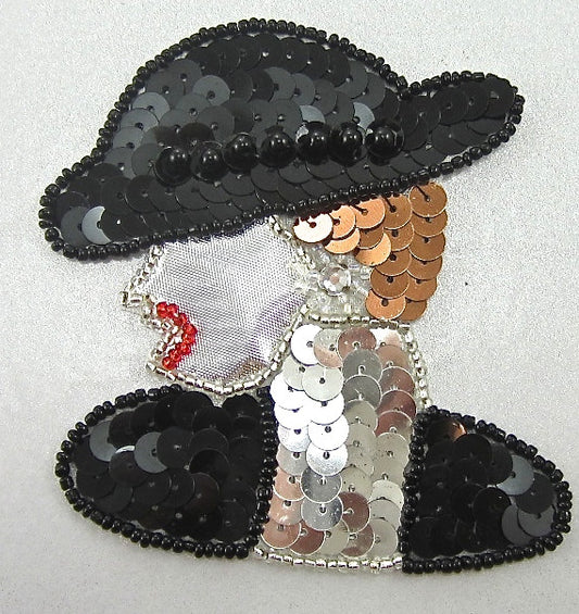 Lady's Face Appliqué Facing Left with Bronze, Black and  Silver Sequins and Black, Silver and Red Beads 3.5" x 3"