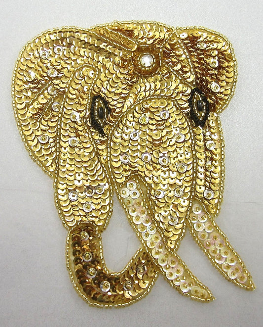 Elephant Head with Gold Sequins Beads and Rhinestone 6" x 5"